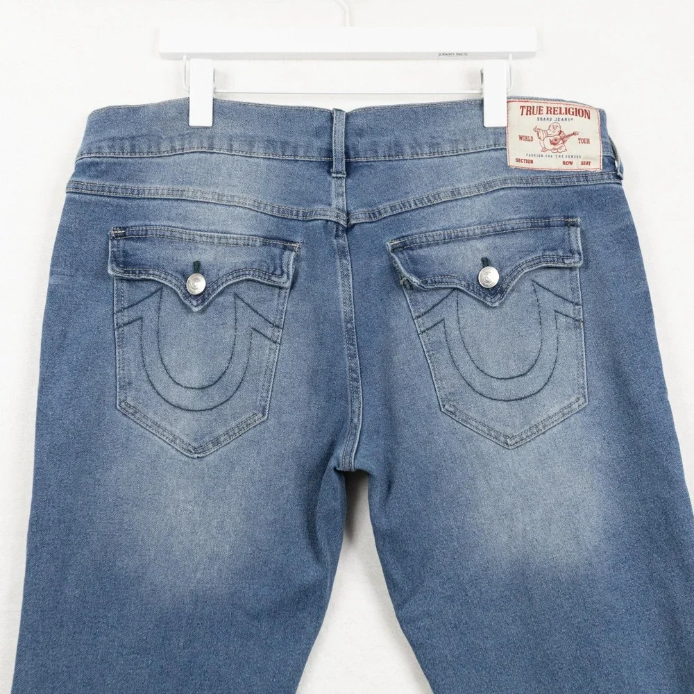 TRUE RELIGION Geno Relaxed Slim Horseshoe Flap Pocket Blue Jeans Sz 38